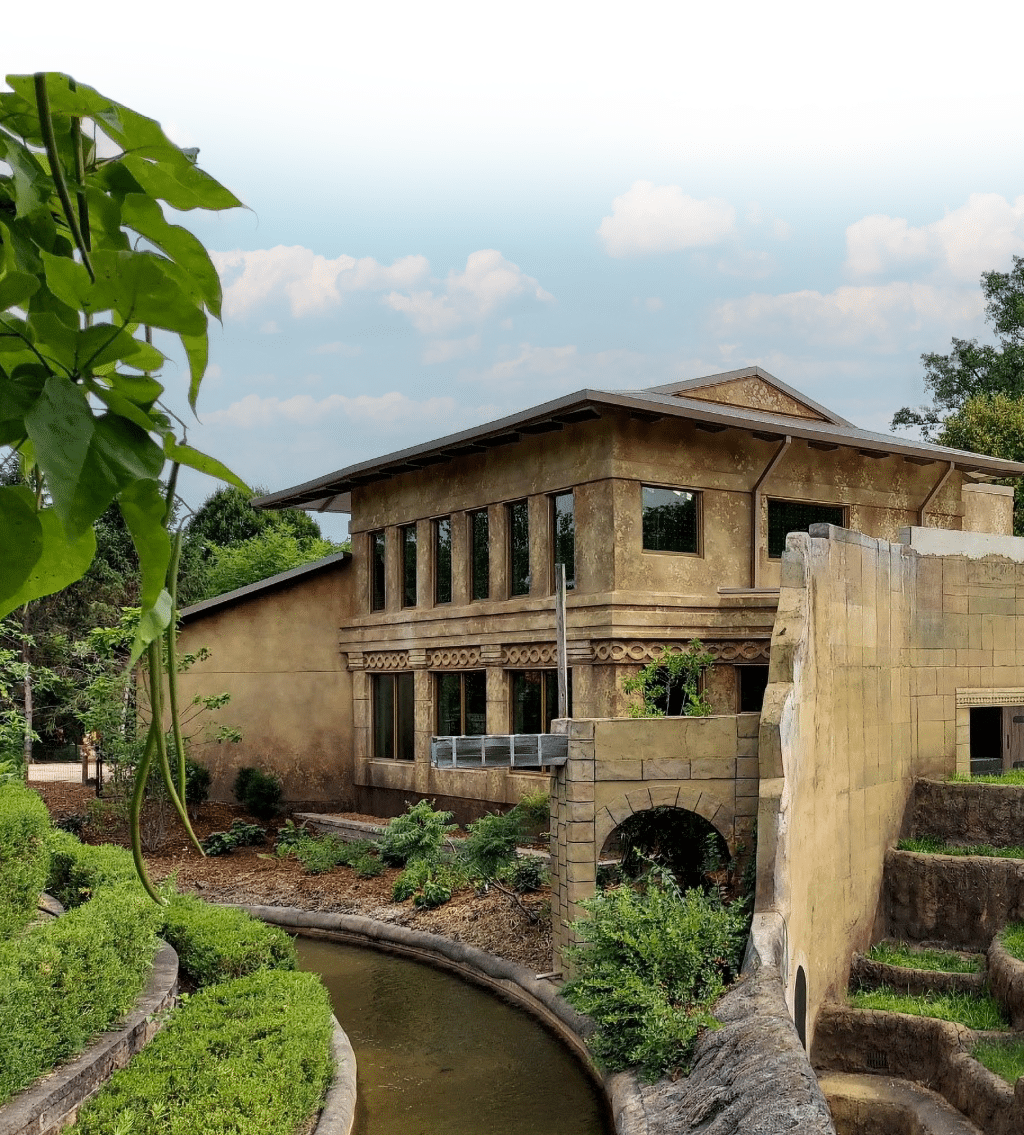 Decorative exterior of themed attraction building