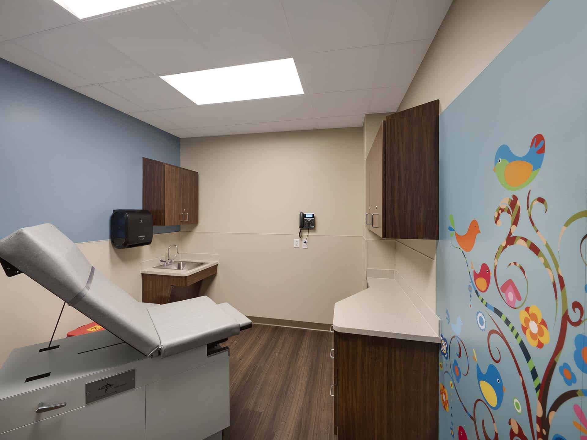 Mural of birds on wall in patient exam room